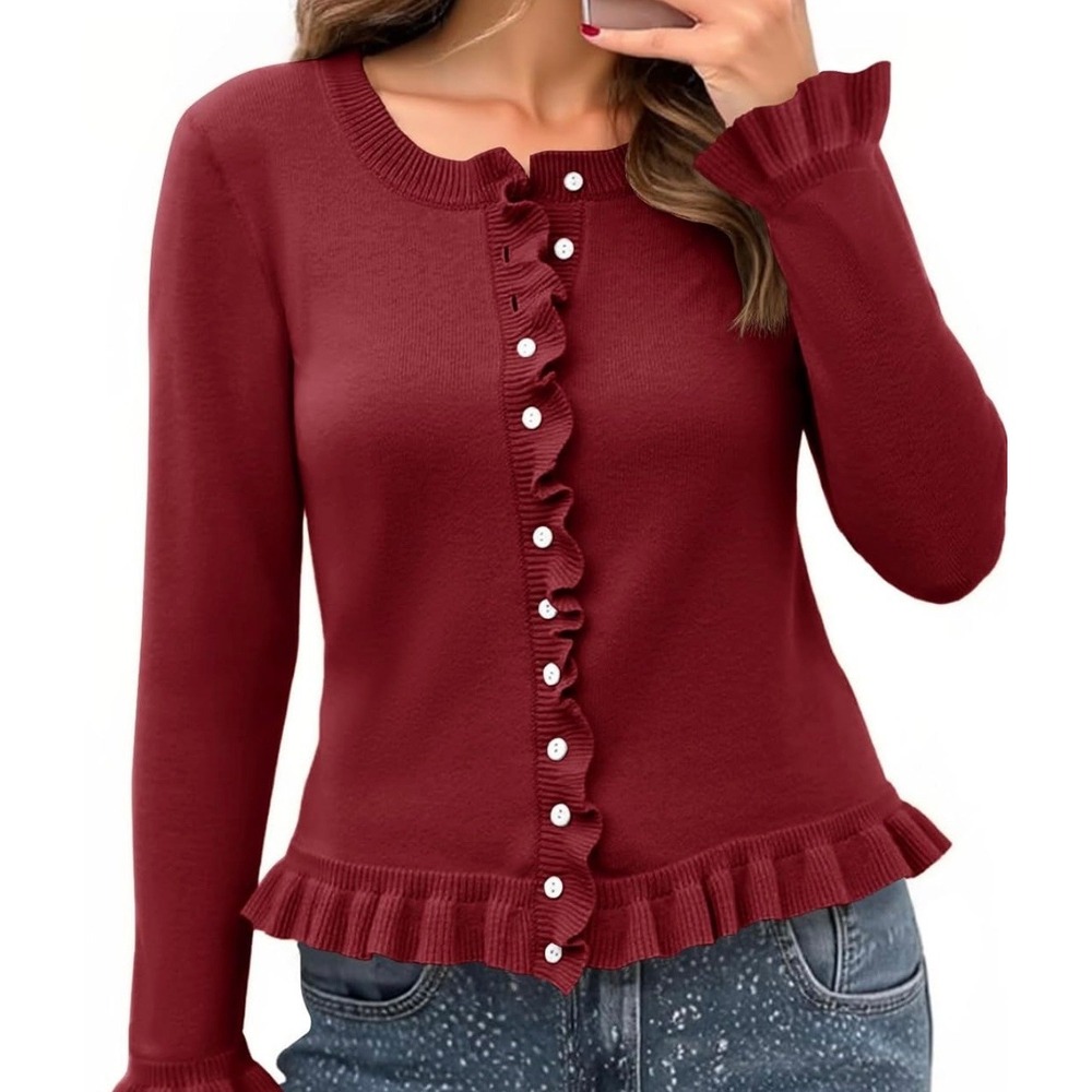 Saodimallsu Knit Cardigan Sweater Burgundy Size Small Ruffle Trim Feminine